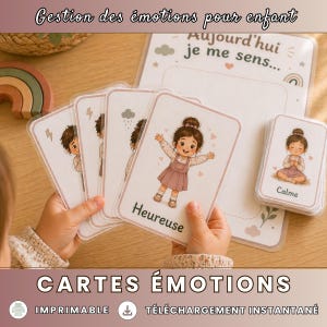 May include: Emotion flashcards for children, showing illustrations of a child expressing different feelings. The cards are held in a child's hands, with the word "Heureuse" visible. The text "CARTES &Eacute;MOTIONS" is at the bottom of the image.