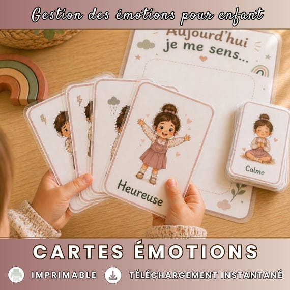Cartes émotions enfant fille imprimable, 24 flashcards émotions français, Outil éducatif gestion des émotions, Montessori 3-8 ans, PDF