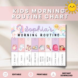 May include: A printable kids' morning routine chart with the text "KIDS MORNING ROUTINE CHART" and "Sophia's MORNING ROUTINE". The chart features illustrations for wake up, toilet, get dressed, breakfast, brush teeth, brush hair, pack bags, and lunchbox.