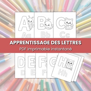 May include: A stack of white flashcards with the letters A through H, each featuring a large uppercase and lowercase letter, along with a corresponding cartoon animal. The text "APPRENTISSAGE DES LETTRES PDF imprimable instantané" is displayed on a red banner.