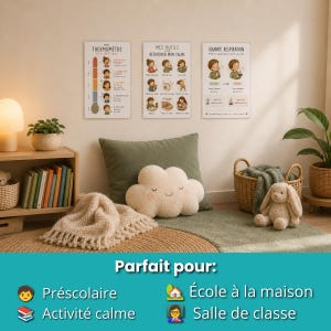 May include: Three educational wall posters featuring French text, a cream-colored cloud-shaped plush pillow with a smiling face, a beige knit throw blanket, a green cushion, a beige stuffed rabbit, and woven baskets in a room with books and plants.