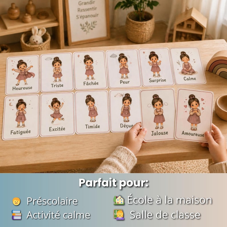 May include: A set of emotion flashcards featuring illustrations of a girl expressing different feelings. Each card has a word describing the emotion in French. The cards are displayed on a wooden surface.