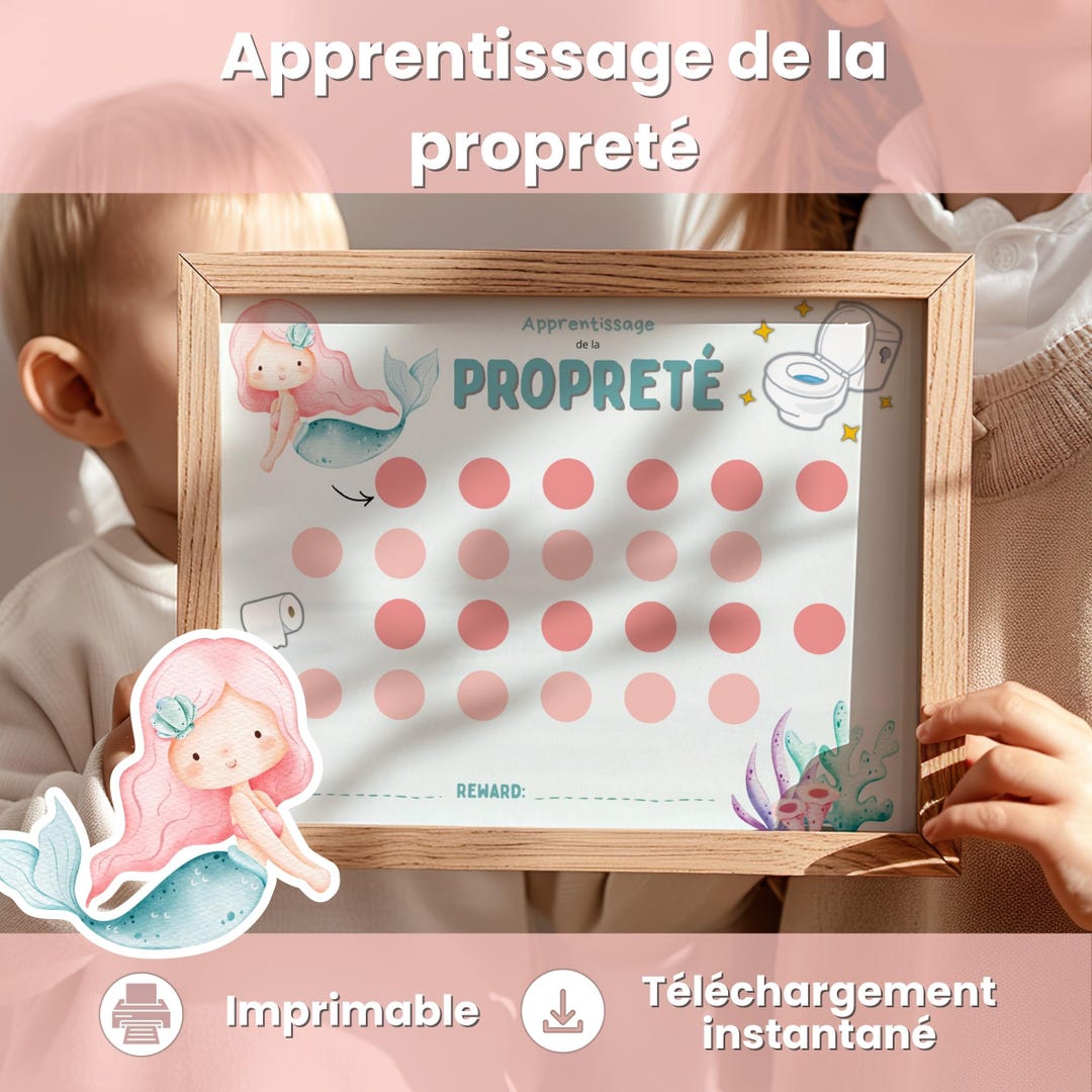 Tableau Propreté Enfant Sirène, Apprentissage Propreté, Système Récompense Toilette, Routine