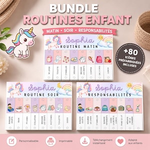 Peut inclure: Un ensemble de tableaux de routines pour enfants imprimables, sur le thème de la licorne. Les tableaux comprennent des routines du matin, du soir et des responsabilités, avec des icônes pour diverses activités. Le texte sur les tableaux indique "Sophia" et "Routines Enfant".