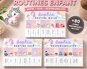 Bundle de routines enfant licorne, Routine matin et soir, Tableau responsabilités, Flip chart enfant, Éducation Montessori, PDF imprimable
