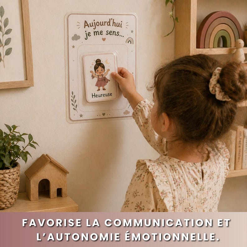 May include: A child selects a card from a wall-mounted board. The board reads "Aujourd'hui je me sens..." and features a card with a cartoon girl labeled "Heureuse." The image promotes emotional communication and autonomy. A wooden house and a rainbow are visible.