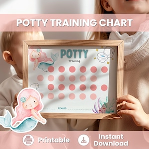 May include: A wooden-framed potty training chart with the words "Potty Training Chart" at the top. The chart features a mermaid illustration and pink circles for tracking progress. The word "Potty" is written in teal.