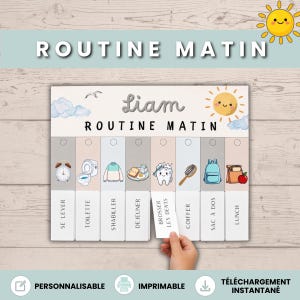 Puede incluir: Un gráfico de rutina matutina personalizable con el nombre "Liam". Incluye ilustraciones de actividades como levantarse, cepillarse los dientes y almorzar. También se ve el texto "ROUTINE MATIN".