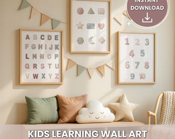 Neutrale educatieve muurkunstset, alfabet cijfers vormen afdrukbaar, kinderen leren posters, ABC 123 kinderkamer decor, patchwork stijl muurkunst