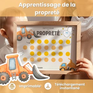 Könnte beinhalten: Ein gerahmtes Diagramm mit dem Text "Apprentissage de la propreté" und "PROPRETÉ". Das Diagramm zeigt Illustrationen von Baufahrzeugen, einer Toilette und gelben Kreisen zur Fortschrittsverfolgung. Die Wörter "Imprimable" und "Téléchargement instantané" sind ebenfalls sichtbar.