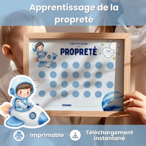 Può includere: Un grafico incorniciato con il testo "Apprentissage de la propreté" e "PROPRETÉ" in blu. Il grafico presenta un razzo con un astronauta, cerchi blu e un'illustrazione di un gabinetto. La parte inferiore del grafico riporta le parole "Imprimable" e "Téléchargement instantané".