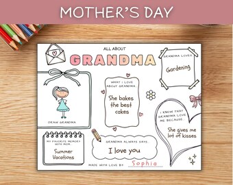 All About Grandma Printable | Mother’s Day Questionnaire for Kids | Grandma Gift from Kids | Preschool Activity Sheet | Nana Granny Keepsake