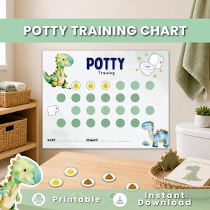May include: A potty training chart with the text "POTTY TRAINING CHART" and "POTTY Training". The chart features dinosaur illustrations, a toilet graphic, and spaces for tracking progress. Includes the words "Printable" and "Instant Download".