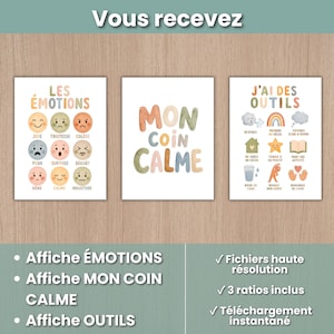 Op de afbeelding: Drie kleurrijke kunstprints met de tekst "LES &Eacute;MOTIONS", "MON COIN CALME" en "J'AI DES OUTILS". De eerste print toont verschillende emoties met bijbehorende gezichten. De tweede print zegt "MON COIN CALME". De derde print toont hulpmiddelen.