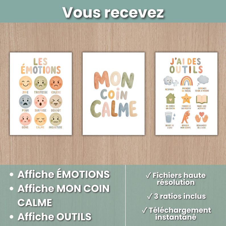 Op de afbeelding: Drie kleurrijke kunstprints met de tekst "LES &Eacute;MOTIONS", "MON COIN CALME" en "J'AI DES OUTILS". De eerste print toont verschillende emoties met bijbehorende gezichten. De tweede print zegt "MON COIN CALME". De derde print toont hulpmiddelen.