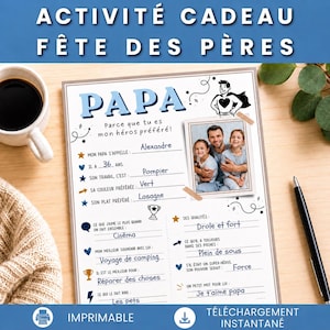 Op de afbeelding: Een printbaar vragenformulier voor Vaderdag met de titel PAPA, blauwe tekst, een superheld-illustratie en een fotokader. Het formulier bevat velden voor persoonlijke gegevens zoals naam, leeftijd, beroep, lievelingskleur, eten en eigenschappen.