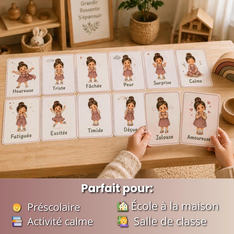May include: Emotion flashcards with illustrations of a girl in a purple dress, each card showing a different emotion with its French translation. The cards are laid out on a wooden surface. Text at the bottom indicates they are suitable for preschool, calm activities, home school, and classroom use.