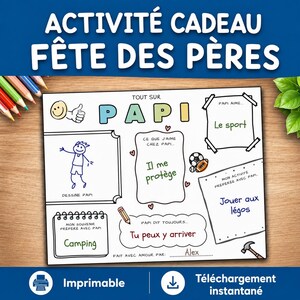 Puede incluir: Una hoja de actividades imprimible para el Día del Padre titulada "TOUT SUR PAPI" con secciones para un dibujo, recuerdos y citas. El papel blanco incluye ilustraciones dibujadas a mano de una cara sonriente, pelotas y un martillo.