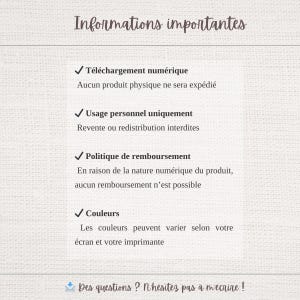 Op de afbeelding: Een beige digitaal document met de titel "Informations importantes" in een handschriftlettertype. Het document bevat details over digitale downloads, persoonlijk gebruik, restitutiebeleid en kleurvariaties.