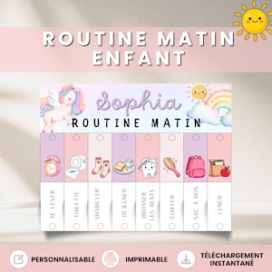 Routine du matin enfant licorne à imprimer, Tableau visuel matin, Planning matin enfant PDF, Flip chart autonomie, Affiche routine fille