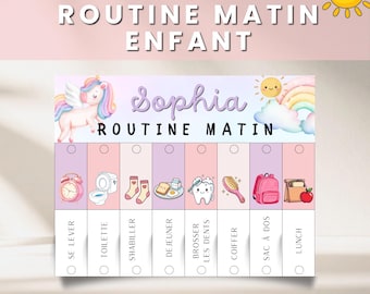 Routine du matin enfant licorne à imprimer, Tableau visuel matin, Planning matin enfant PDF, Flip chart autonomie, Affiche routine fille