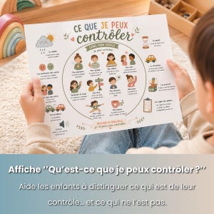 May include: A child holds a colorful educational poster titled "What Can I Control?" in French. The poster features illustrations and text, guiding children to distinguish between controllable and uncontrollable aspects of life. The poster is designed for educational purposes.
