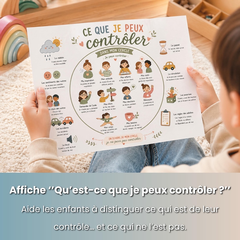 May include: A child holds a colorful educational poster titled "What Can I Control?" in French. The poster features illustrations and text, guiding children to distinguish between controllable and uncontrollable aspects of life. The poster is designed for educational purposes.