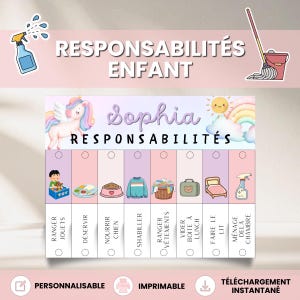 Tableau de responsabilité enfant Licorne, Tableau tâches enfant, Routine enfant, Tableau verhalten, Chore chart enfant, PDF unprimable