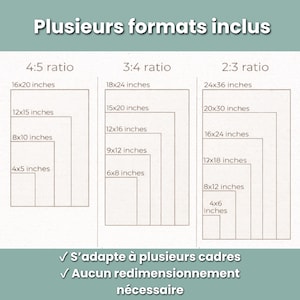 Op de afbeelding: Afbeelding met verschillende afdrukformaten in 4:5, 3:4 en 2:3 verhoudingen, waaronder 40x50 cm, 45x60 cm en 60x90 cm. De tekst bovenaan luidt "Plusieurs formats inclus". Onderaan staat "S'adapte &agrave; plusieurs cadres" en "Aucun redimensionnement n&eacute;cessaire."