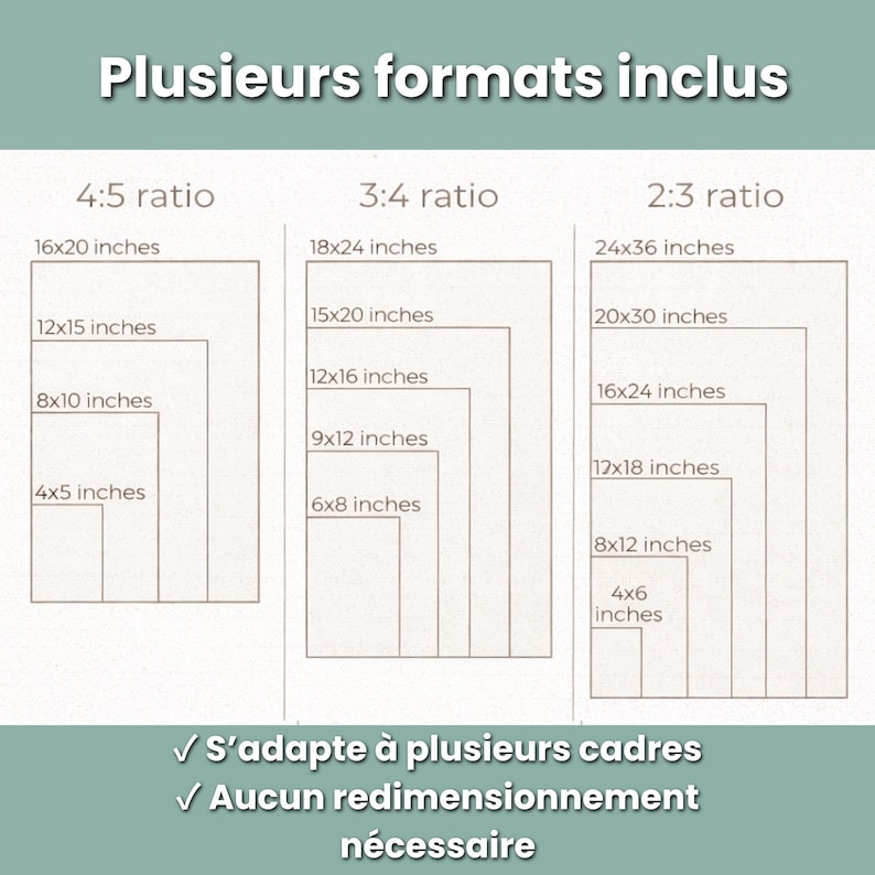 Op de afbeelding: Afbeelding met verschillende afdrukformaten in 4:5, 3:4 en 2:3 verhoudingen, waaronder 40x50 cm, 45x60 cm en 60x90 cm. De tekst bovenaan luidt "Plusieurs formats inclus". Onderaan staat "S'adapte &agrave; plusieurs cadres" en "Aucun redimensionnement n&eacute;cessaire."