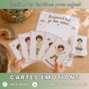 May include: A set of emotion flashcards for children, featuring illustrations of a child expressing different feelings. The cards have text in French, including "Heureux" and "Calme." The image also includes the text "Gestion des &eacute;motions pour enfant."