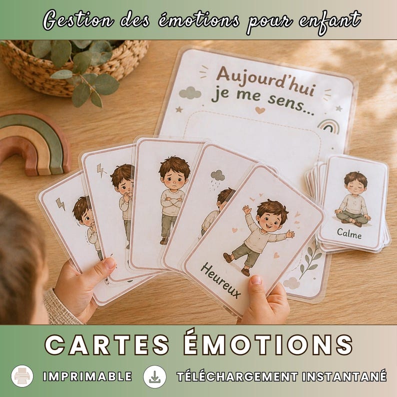 May include: A set of emotion flashcards for children, featuring illustrations of a child expressing different feelings. The cards have text in French, including "Heureux" and "Calme." The image also includes the text "Gestion des &eacute;motions pour enfant."