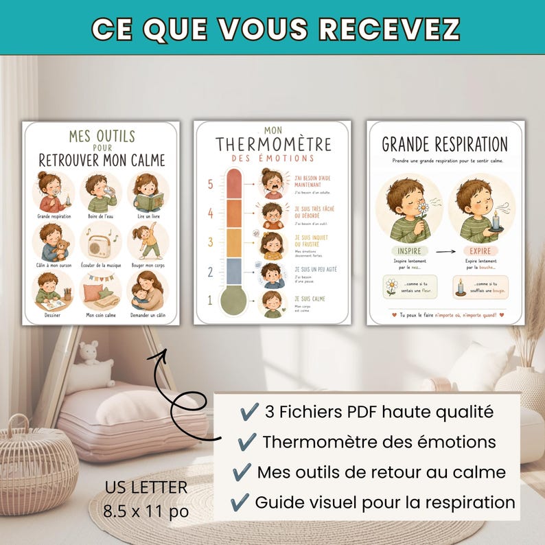 May include: Three educational posters featuring illustrations of children managing emotions. The posters are titled Mes Outils Pour Retrouver Mon Calme, Mon Thermom&egrave;tre Des &Eacute;motions, and Grande Respiration, with text in French and illustrations of calming activities.