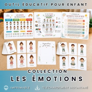 Peut inclure: Ensemble d'outils éducatifs pour enfants sur les émotions. Il comprend des cartes et des tableaux illustrant des sentiments tels que heureux, triste et en colère. Le texte est en français, avec des mots comme 'Heureuse' et 'Triste'.