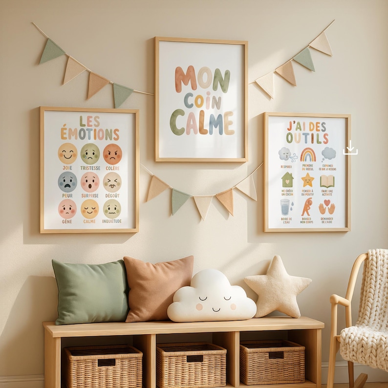 Op de afbeelding: Een wanddecoratie met drie ingelijste prints in het Frans, versierd met kleurrijke illustraties en vlaggenlijnen. Daaronder staat een houten bank met kussens, een wolkvormig kussen en gevlochten manden, wat een warme sfeer cre&euml;ert.