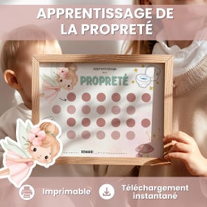 Può includere: Un grafico con cornice in legno con il testo "Apprentissage de la Propreté" e una sezione premi. Il grafico presenta un'illustrazione di fata e cerchi rosa per il monitoraggio. Sono visibili anche le parole "Imprimable" e "Téléchargement instantané".