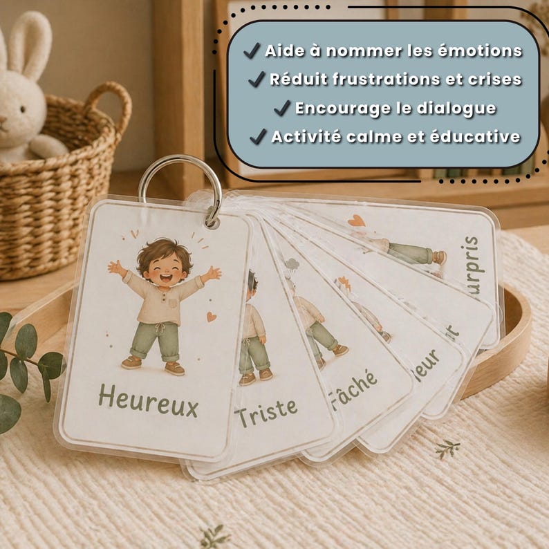 May include: A set of emotion flashcards on a metal ring. Each card features an illustration of a child and a corresponding emotion word, such as "Happy" and "Sad". The cards are designed to help name emotions, reduce frustration, and encourage dialogue.