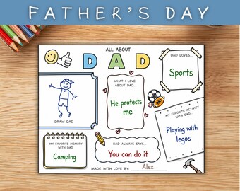 Afdrukbaar vaderdagvragenlijst, werkblad alles over papa, cadeau van kinderen, gepersonaliseerd cadeau vader, vaderdagactiviteit, pdf