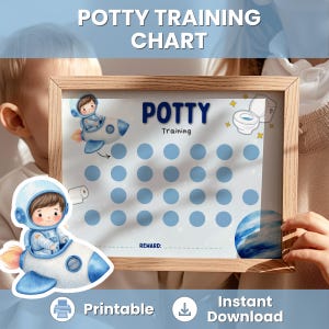 Puede incluir: Un gráfico de entrenamiento para ir al baño enmarcado con un tema espacial. El gráfico presenta un cohete, un astronauta y un gráfico de inodoro. Se muestran las palabras "Potty Training Chart" y "Potty Training". El gráfico tiene círculos azules para rastrear el progreso.