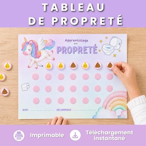 May include: A printable potty training chart with a unicorn illustration, pink circles, and the text "TABLEAU DE PROPRETÉ". Includes stickers with smiling faces and poop emojis. A hand is placing a sticker on the chart.