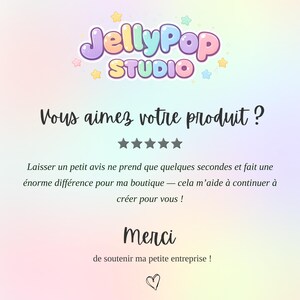 May include: A pastel-coloured graphic featuring the JellyPop STUDIO logo and French text. The text encourages customers to leave a review and expresses gratitude for supporting the small business. A heart icon is present.