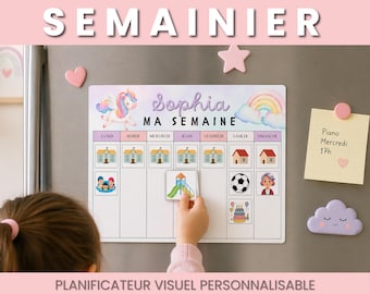 Toile personnalisée Semainier Enfant | Routine Visuelle Hebdomadaire Imprimable | Planning Semaine Licorne | Tableau Routine Enfant PDF
