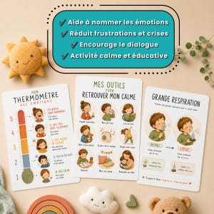 May include: Three educational posters in French featuring a thermometer of emotions, calming tools, and breathing exercises. The posters include illustrations of children, text, and a soft plush sun toy. The top text box lists benefits like naming emotions and reducing frustration.