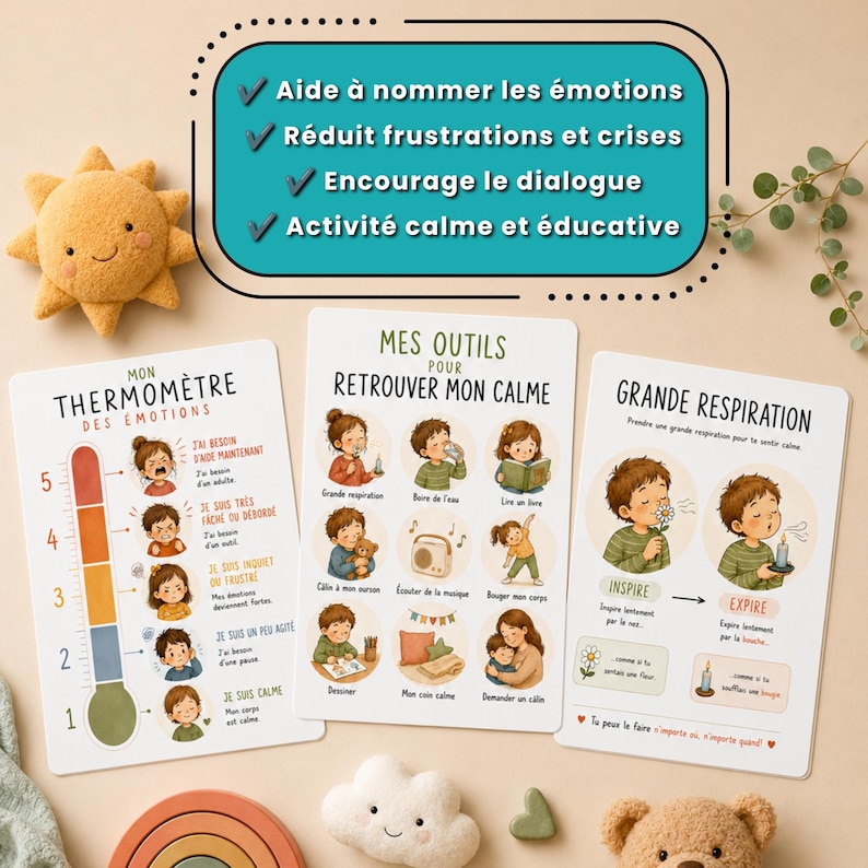 May include: Three educational posters in French featuring a thermometer of emotions, calming tools, and breathing exercises. The posters include illustrations of children, text, and a soft plush sun toy. The top text box lists benefits like naming emotions and reducing frustration.
