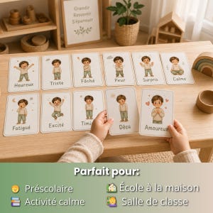 May include: A set of emotion flashcards featuring illustrations of a child expressing different feelings. Each card has a word in French, such as "Happy" and "Sad". The cards are displayed on a wooden table, with text at the bottom that says "Perfect for: Preschool, Calm Activity, Home School, Classroom."