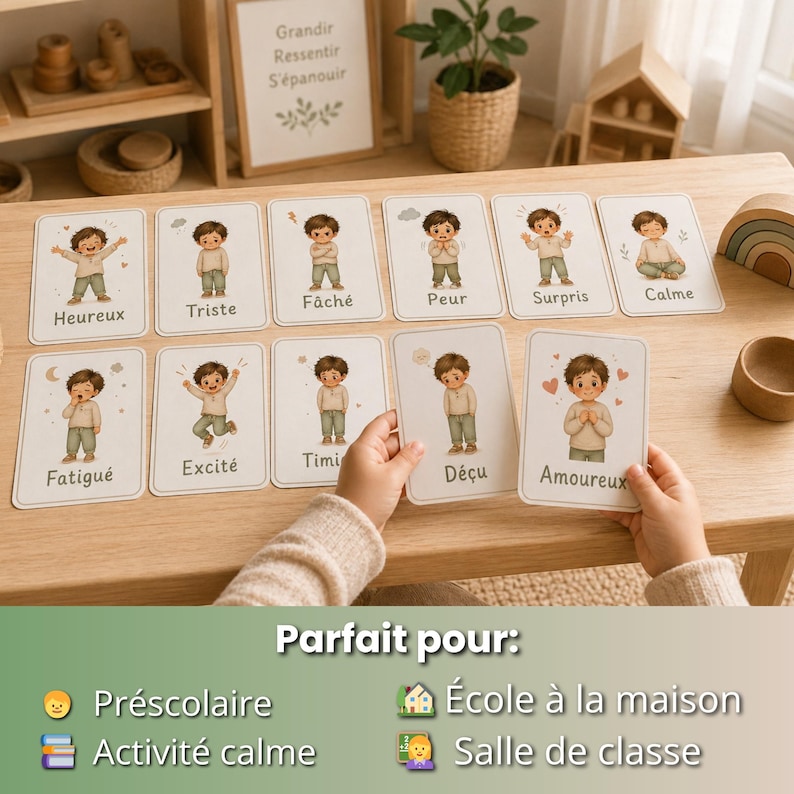 May include: A set of emotion flashcards featuring illustrations of a child expressing different feelings. Each card has a word in French, such as "Happy" and "Sad". The cards are displayed on a wooden table, with text at the bottom that says "Perfect for: Preschool, Calm Activity, Home School, Classroom."
