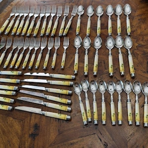 May include: A large flatware set featuring stainless steel heads and cream-colored handles with a palm tree graphic. The collection includes numerous forks, knives, and spoons arranged in rows, showcasing a consistent design across all pieces.
