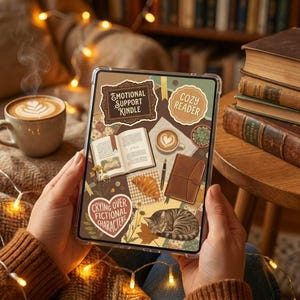 Może przedstawiać: Przezroczyste etui na Kindle z kolażem przedstawiającym filiżankę kawy, rogalik, śpiącego kota oraz napisy "Emotional Support Kindle", "Cozy Reader" i "Crying Over Fictional Characters". Filiżanka kawy i stos książek w tle.