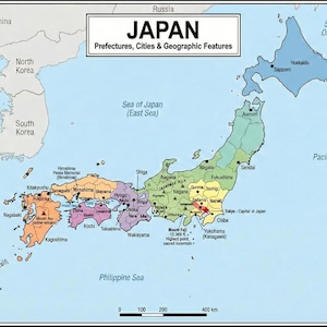 May include: A colorful map of Japan titled "JAPAN: Prefectures, Cities & Geographic Features" showing regional divisions in blue, green, orange, and purple. It includes a legend, a compass rose, and labels for major cities, mountains, and volcanoes.