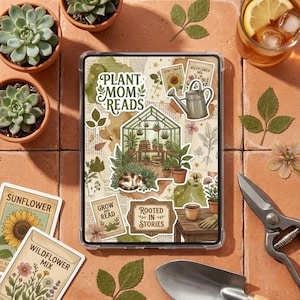 Può includere: Una custodia trasparente per tablet con un collage di adesivi botanici, tra cui una serra, un annaffiatoio e il testo "PLANT MOM READS". L'immagine presenta anche piante grasse in vaso, bustine di semi e attrezzi da giardinaggio.